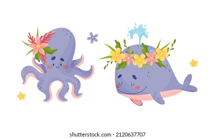 Sea animals in wreath of flowers set. Cute octopus and whale marine baby creatures with flowers vector illustration