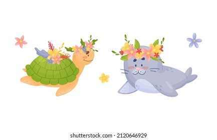 Sea animals in wreath of flowers set. Cute turtle and seal marine baby creatures with flowers vector illustration