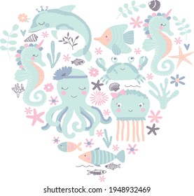 Sea Aninals. Crab. Jelly fish. Fish. Sea horse. Fashion kids print with cute animal , under the sea and slogan. Vector hand draw illustration