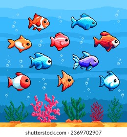 Sea and aquarium tropical pixel fish, 8 bit animals. Retro arcade background, 2d platform console vector scenery or 8bit PC game level design asset. Indie game backdrop with tropical aquarium fishes