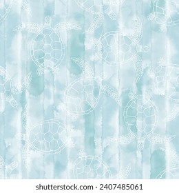 Sea art background. Seamless pattern on the marine theme with turtles on blue watercolor background. Vector. Perfect for design templates, wallpaper, wrapping, fabric and textile.