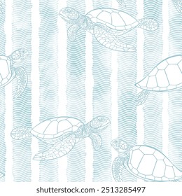 Sea art background. Seamless pattern on the marine theme with turtles on waves background. Vector. Perfect for design templates, wallpaper, wrapping, fabric and textile.