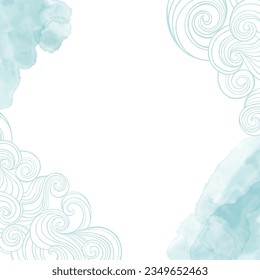 Sea art background. Vector illustration with waves, blue watercolor splash and place for text. Template design for text, packaging and prints.