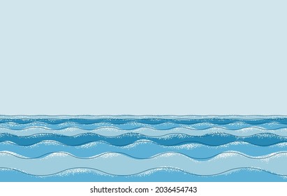 Sea art in line and shape technique, colorful seascape background, vector illustration of an ocean and waves diminishing with perspective