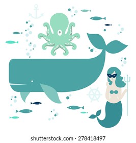 Sea Art Print, Nautical Theme icon set. Vector illustration. Underwater background.