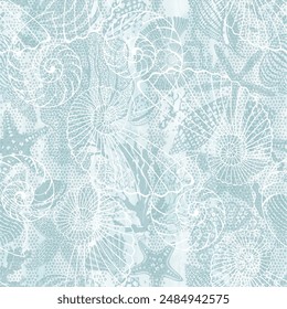 Mar. Arte patrón sin fisuras en el tema marino con plantas submarinas, estrellas de mar y conchas sobre fondo de acuarela azul. Vector. Perfecto para Plantillas de diseño, Fondo de pantalla, envoltura, tela, impresión 