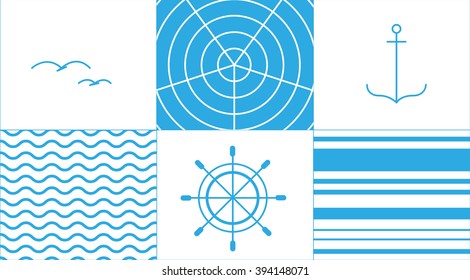 Sea attributes. Blue vector, lines.