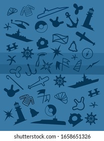Sea attributes. Ships. anchors, rudder,lighthouse,seashells.seagums.