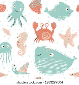 Sea baby cute seamless pattern. Octopus, dolphin, jellyfish, seahorse, starfish, crab, snail, whale print. Ocean animal illustration for nursery t-shirt, kids apparel, baby background. Summer design.