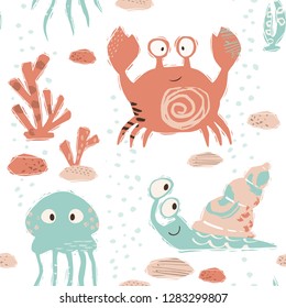 Sea baby cute seamless pattern. Sweet crab, snail, jellyfish, corals print. Cool ocean animal illustration for nursery t-shirt, kids apparel, baby background. Simple child marine design. Summer time