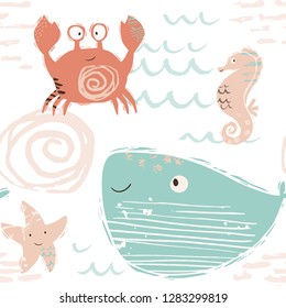 Sea baby cute seamless pattern. Sweet crab, starfish, seahorse, whale print. Cool ocean animal illustration for nursery t-shirt, kids apparel, baby background. Simple child marine design. Summer time