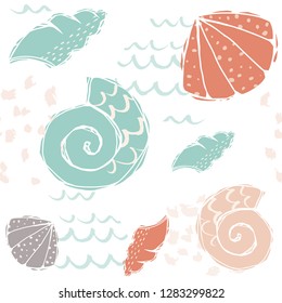 Sea baby cute seamless pattern. Sweet sea shells and wavea print. Cool ocean animal illustration for nursery t-shirt, kids apparel, baby background. Simple child marine design. Summer time