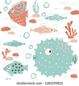 Sea baby cute seamless pattern. Sweet fish and fugue, algae, corals print. Cool ocean animal illustration for nursery t-shirt, kids apparel, baby background. Simple child marine design. Summer time