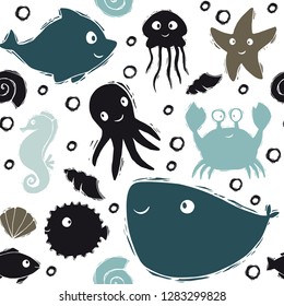 Sea baby cute seamless pattern. Sweet dolphin, jellyfish, starfish, seahorse, octopus, crab, fugue fish, whale print. Cool ocean animal for nursery t-shirt, kids apparel baby background. Summer design
