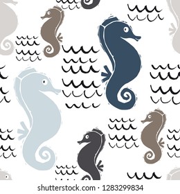 Sea baby cute seamless pattern. Sweet seahorse and wave print. Cool ocean animal illustration for nursery t-shirt, kids apparel, baby background. Simple child marine design. Summer time