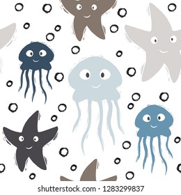 Sea baby cute seamless pattern. Sweet jellyfish, starfish and bubbles print. Cool ocean animal illustration for nursery t-shirt, kids apparel, baby background. Simple child marine design. Summer time