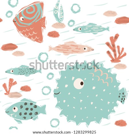 Sea baby cute seamless pattern. Sweet fish and fugue, algae, corals print. Cool ocean animal illustration for nursery t-shirt, kids apparel, baby background. Simple child marine design. Summer time