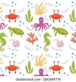 Sea baby pattern octopus turtle crab seahorse seaweed. Marine and ocean seamless pattern for kids.Vector flat modern graphics