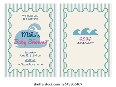 Sea Baby shower invitation card with whale, whimsical frame and stripes. Vector printable template design for newborn, baby.