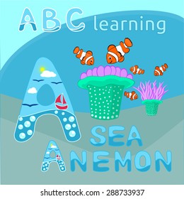 Sea background ABC background Sea animal cartoon alphabet A letter ABC kids Sea anemone and clownfishes vector illustration Tropical sea life theme illustration Cartoon sea creatures vector graphic