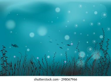 sea background with algae and small fish, pond life, under the water,  vector