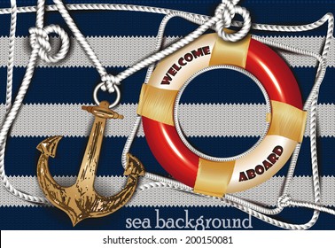 Sea background with the  anchor shaped pendant, rope and life preserver