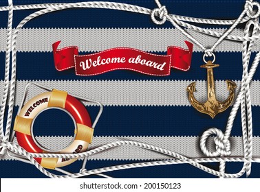 Sea background with the  anchor shaped pendant,  life preserverrope and rope