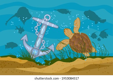 Sea background. Anchor, turtle and fishes silhouettes on a blue sea background. Boat anchor in the water on ocean bottom sand near sea animals. Marine underwater lifestyle. Stock vector illustration