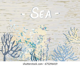 Sea background or banner with wooden texture, vector graphic illustration