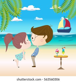 sea background: sea, beach, sand, boy and girl, table, cocktails
