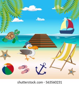 sea background: sea, beach, sand, Pelican, sea turtle, sun lounger