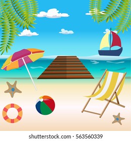 sea background: sea, beach, sand, umbrella, boat, deck chair