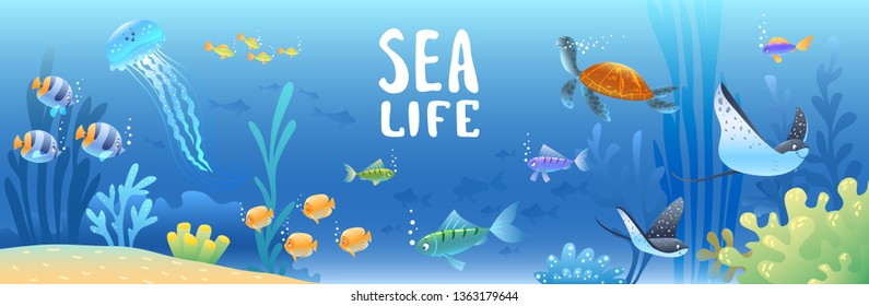 Sea background with beautiful cartoon fish, turtle, and other swimming underwater. Cool wallpaper. Vector illustration