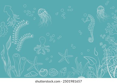 Fondo del mar con hermosas líneas de dibujo de peces, tortugas y otros nadando bajo el agua sobre fondo verde. Fondo de pantalla fresco. Ilustración vectorial.