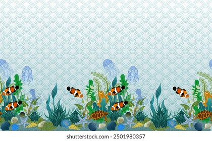 Sea background with beautiful drawing nemo fish, turtle, and other swimming underwater. Cool wallpaper. Vector illustration.