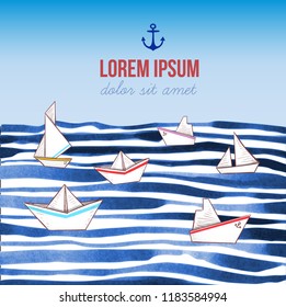 Sea background with blue wave stripes and paper ships. Place for your text.