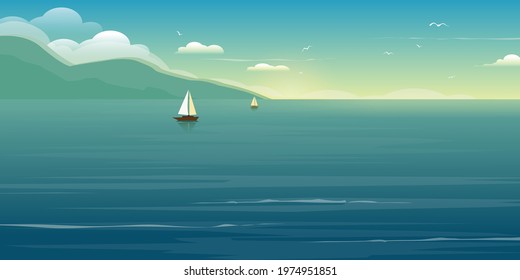 Sea background with boats and mountain.  Summer landscape. Sunrise on the sea or ocean.Beautiful calm sea. Vector Illustrat