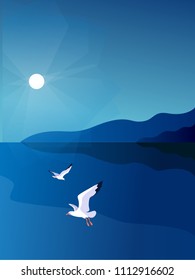 Sea background. Sea coast, noon, sky, sun, gulls. Vector illustration