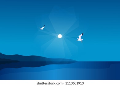 Sea background. Sea coast, noon, sky, sun, gulls. Vector illustration