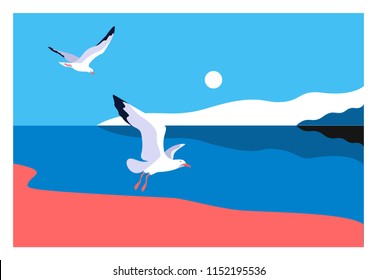 Sea background. Sea coast, noon, sky, sun, flaying seagulls. Vector illustration