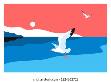 Sea background. Sea coast, noon, sky, sun, flaying seagulls. Vector illustration