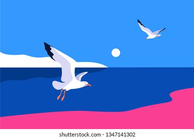 Sea background. Sea coast, noon, sky, sun and gulls. Vector illustration