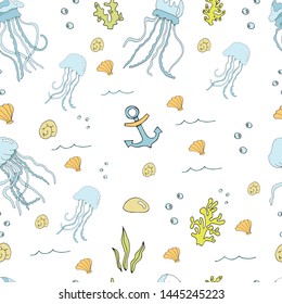Sea background to create a design pattern. Cartoon lines art. Vector illustration.