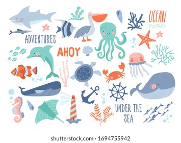 Sea background - cute sea and ocean animals whale, narwhal, ship, lighthouse, anchor, marine plants, wreaths and quotes.