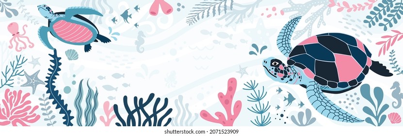 fondo marino para el diseño. Diseñar marco de banner. Fondo colorido con plantas tropicales. Coloca tu texto.
