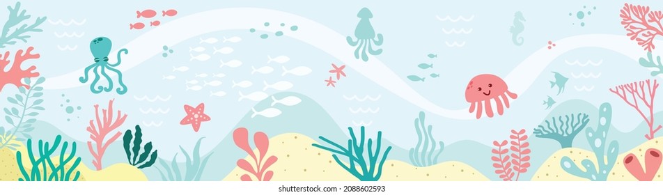 fondo marino para el diseño. Diseñar marco de banner. Fondo colorido con plantas tropicales. Coloca tu texto.