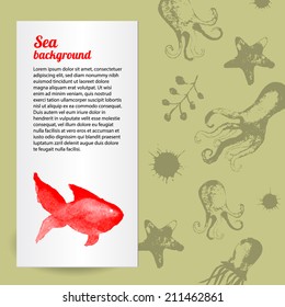Sea background.  Sea design card. Card with fish.