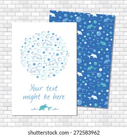Sea background with dolphins and bubbles. Set invitation cards for summer or beach party. Sea branding design. Greeting vertical banner. Vector