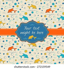 Sea background with dolphins and empty frame for text in vintage colors. Invitation card for summer party. Greeting square banner. Vector 