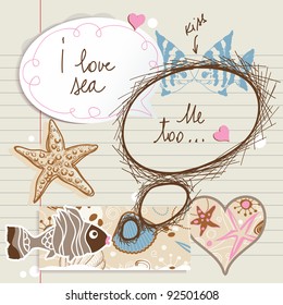 Sea background with fish, starfish and speech bubbles